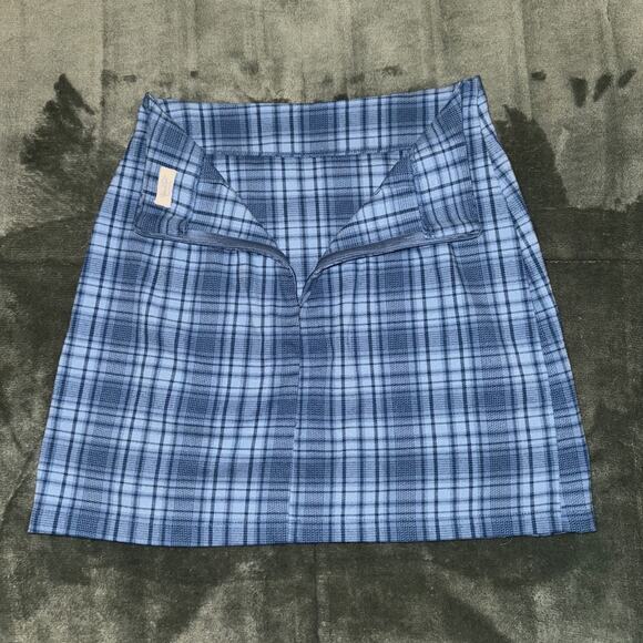 John Galt Mini Skirt Women’s Small Blue Plaid Stretch Slits Preppy Back Zipper - Picture 2 of 6